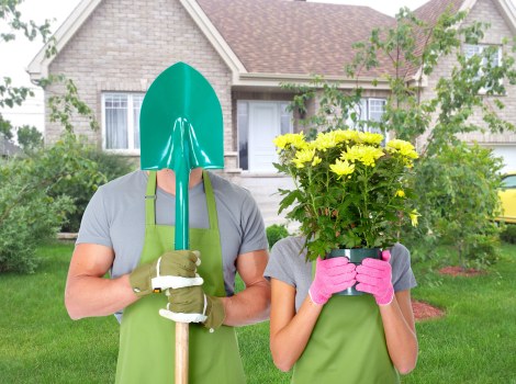 Gardener using pruning shears on a hedge